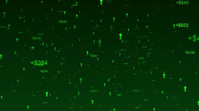 Dynamic green-themed financial growth using floating dollar values rising upward arrows symbols of profit increase emphasizes trends for stock visuals, investment themes, crypto analysis clips.