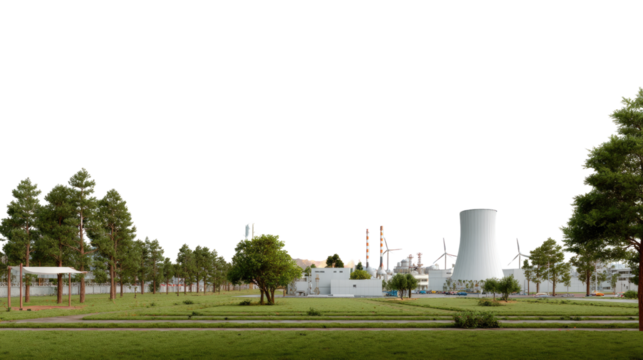 Nuclear Plant in green field: A wide angle capture showcases a state-of-the-art nuclear power plant surrounded by lush green fields, with cooling towers and industrial structures.