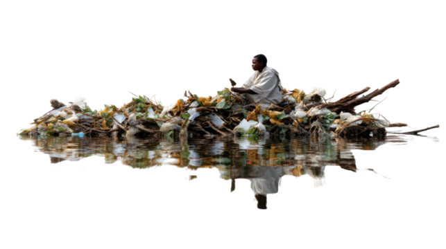 A Person on a Debris Raft: A solitary figure navigates a raft laden with debris, a poignant tableau highlighting environmental challenges. Reflecting on the challenges of our world