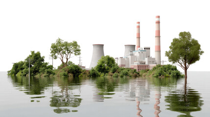 Obraz premium Environment and Energy: An evocative, thought-provoking image juxtaposes an industrial plant with a lush, green ecosystem, reflected in tranquil waters