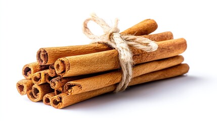 Tied bundle of cinnamon sticks with twine on a white background, close-up