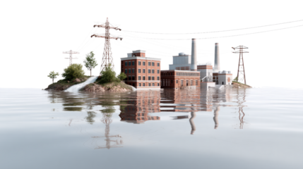 Factory Island: An image of industrial complex surrounded by water, the image gives feeling of production and manufacture