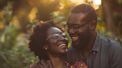 A smiling couple embracing in a lush green garden at sunset, with the sun casting a warm glow on their faces.