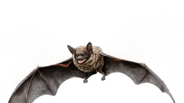 Detailed Illustration of a Brown Bat in Mid Flight Against a White Background with Visible Teeth and Wing Veins