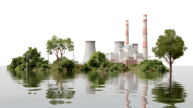 Environment and Energy: An evocative, thought-provoking image juxtaposes an industrial plant with a lush, green ecosystem, reflected in tranquil waters