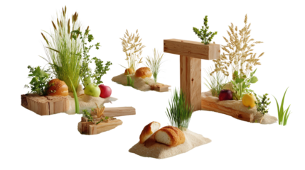 Rustic Gourmet Presentation: An artistic culinary composition features precisely arranged edible elements: fresh fruits, artisan bread slices, and other gastronomic delights.