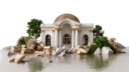Architectural Oasis: An elegant architectural structure, reminiscent of a timeless palace, rises gracefully from the gentle waters, embraced by the serenity of nature.