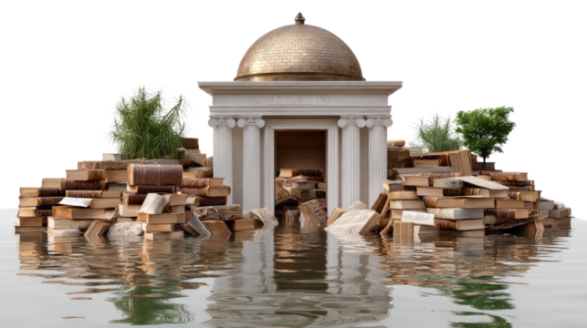 Knowledge Oasis: A conceptual image showcases a classical dome, perched upon a foundation of books, island in water with greenery around it, symbolizing knowledge, learning.