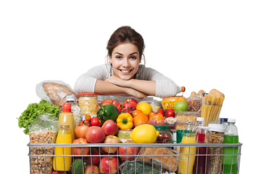 Happy woman with a full shopping cart of groceries. - Powered by Adobe