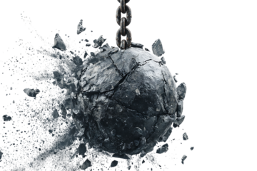 Crumbling wrecking ball, destruction, demolition concept.