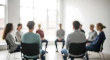 Blurred group therapy session, individuals seated in a circle, sharing, support group.