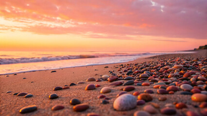 Obraz premium Sunset Beach with Colorful Pebbles – Landscape, Nature, Ocean, Shore, Scenic, Water, Coastal, Seascape, Summer, Vacation, Travel, Beautiful, Twilight, Sky, Tranquil, Horizon, Relaxation 