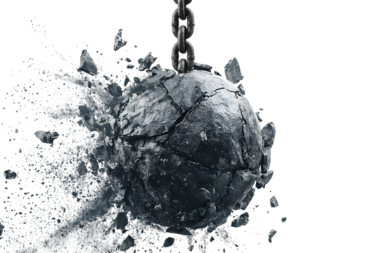 Crumbling wrecking ball, destruction, demolition concept.