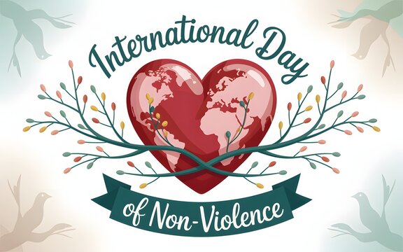 Heart shaped earth with branches and ribbon for international day of non violence