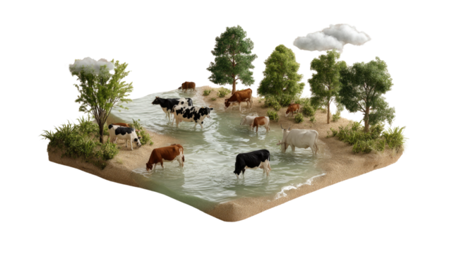 Serene Cattle in the River: A miniature landscape with cows wading through a shallow river on a sunny day, capturing the essence of rural tranquility.