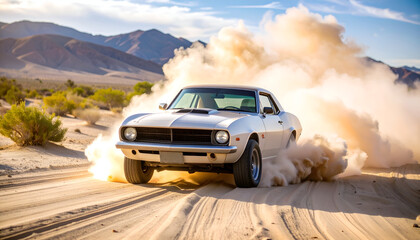 Classic car desert dust cloud speed.