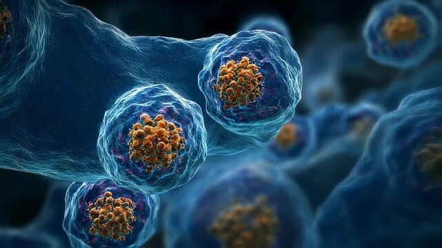 Medical illustration of macrophage cells accumulating lipids causing visible swelling and discoloration related to Gaucher disease pathology.