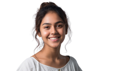 Smiling Portrait: A radiant woman with a captivating smile, her eyes sparkling with warmth and sincerity, inviting the viewer into her world with a welcoming presence. 