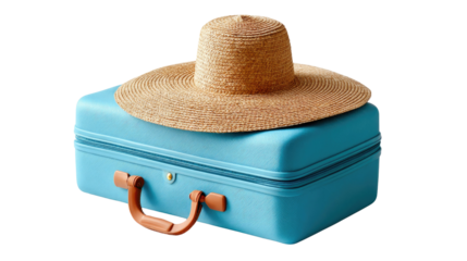 Ready for Adventure: A sun hat rests atop a blue suitcase, evoking the anticipation of travel, perfect for travel concepts and vacation themes.
