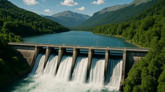 Flood barrier system. Hydroelectric dam with releasing water into river surrounded by forest and mountain