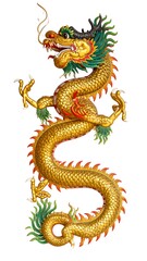 Obraz premium Ornate golden dragon, coiled, detailed scales, vibrant colors, isolated on white