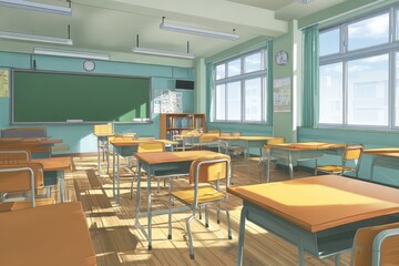 Sunny Classroom, Desks, Chairs, School