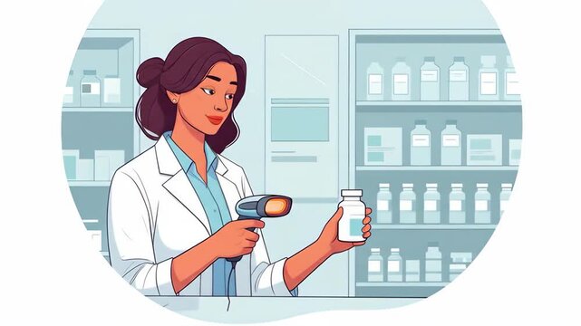 Flat vector a female pharmacist scans a medicine bottle in a pharmacy, surrounded by shelves of products, in a flat vector illustration style isolated on white background