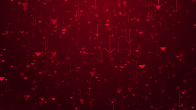 Digital multiple red arrows falling downward across deep background illustrate flow, drop, or decline motion. for data visualizations, market analysis, failure concepts, futuristic transitions.