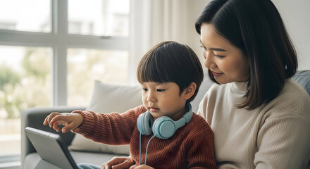 A loving mother and her young son engage with a digital tablet, learning together at home.
