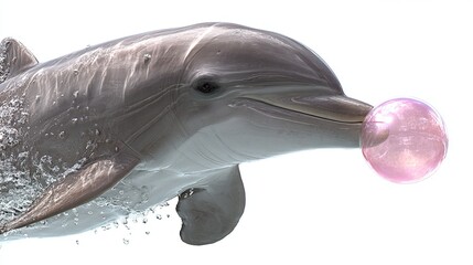 Dolphin pushes a shimmering bubble with its snout against a white backdrop