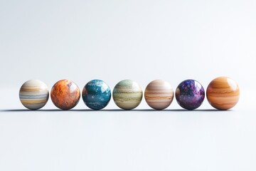 Eight stylized spheres, each representing a planet in our solar system, are arranged in a horizontal row against a plain white background. 