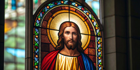 Fototapeta premium Jesus Christ stained glass window in church – religious Christian art JPG image
