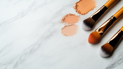 Makeup Brushes and Cosmetic Powders on Marble Background for Beauty and Fashion Photography