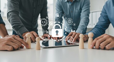 Business team managing digital security protocols and corporate strategy, interacting with a virtual padlock icon on a tablet.