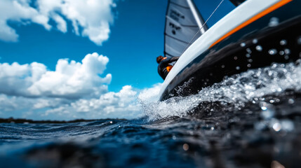 Dynamic Sailing Experience on Calm Waters Under Bright Cloudy Sky and Blue Horizon