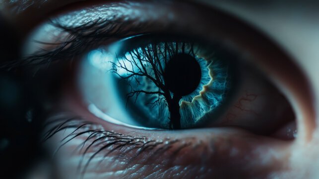 Intense Close-up of Human Eye Reflecting Tree Silhouette with Dramatic Blue Tones