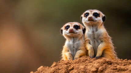 Fototapeta premium Two Curious Meerkats Observing Their Surroundings in a Natural Habitat Setting