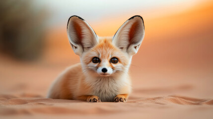 Obraz premium Sweet and Curious Fennec Fox in Desert Landscape with Beautiful Evening Sunset Background