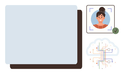 Digital ID verification with facial recognition, a profile image, approval checkmark, layered database, and AI neural cloud. Ideal for technology, AI, biometrics, cybersecurity digital identity