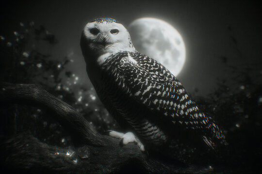 Close-up of a snowy owl perched on a gnarled tree branch at night