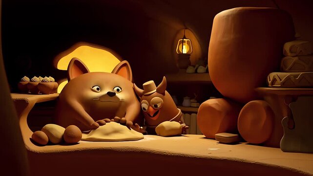 Two cartoon animals, a bear and a bird, baking together in a cozy, warm-lit kitchen with dough and ingredients.