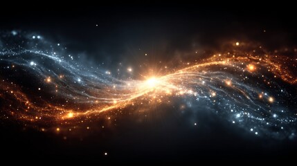 Naklejka premium A bright burst of glowing particles radiates outward into space with swirling patterns against a dark backdrop,