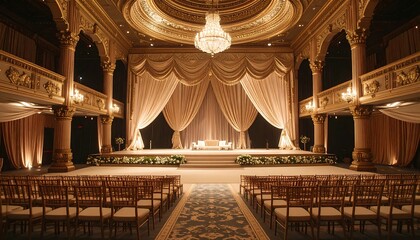 Obraz premium Ornate hall with stage, draped curtains, and rows of chairs