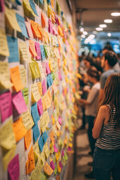 A colorful wall full of sticky notes and to-do lists in a coworking hub A team is revising their roadmap and assigning new tasks The atmosphere, Generative AI