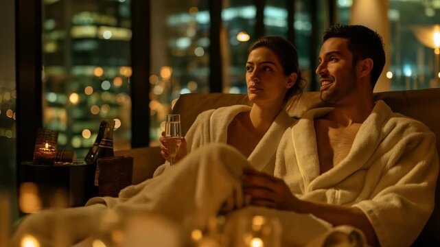 Cozy Relaxation: A couple unwinds in plush robes, enjoying a peaceful evening with champagne against a backdrop of city lights, creating a serene, intimate atmosphere.
