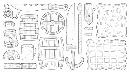 Fototapeta premium Illustration of various medieval objects including barrels sword shield and food items in black and white silhouette