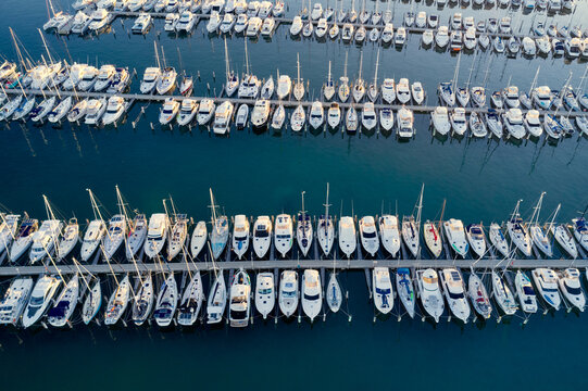 Aerial view of yachts moored in rows in a marina in Fremantle