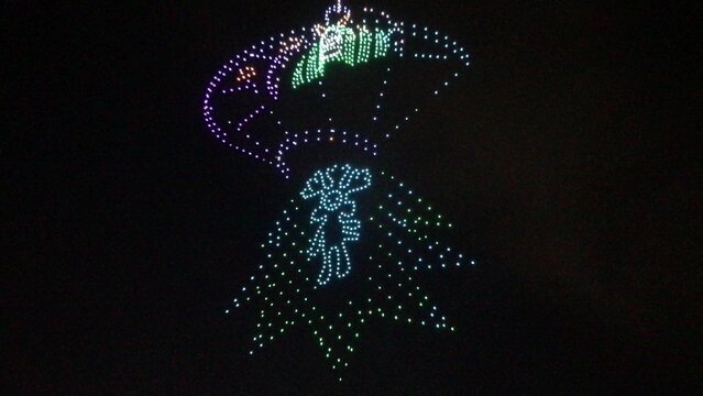 Swarm of drones creating a kimono girl in the night sky