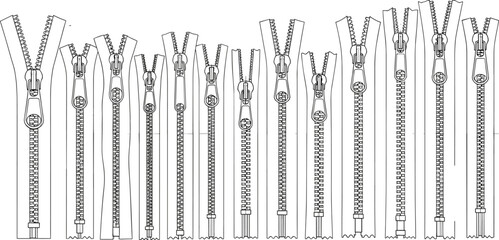 Zipper comparison, flat vector CAD drawing, fashion accessories, zipper types, sewing elements, textile design, technical illustration, zipper variations, fashion sketch