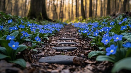 A path through a forest floor covered in small blue flowers.
